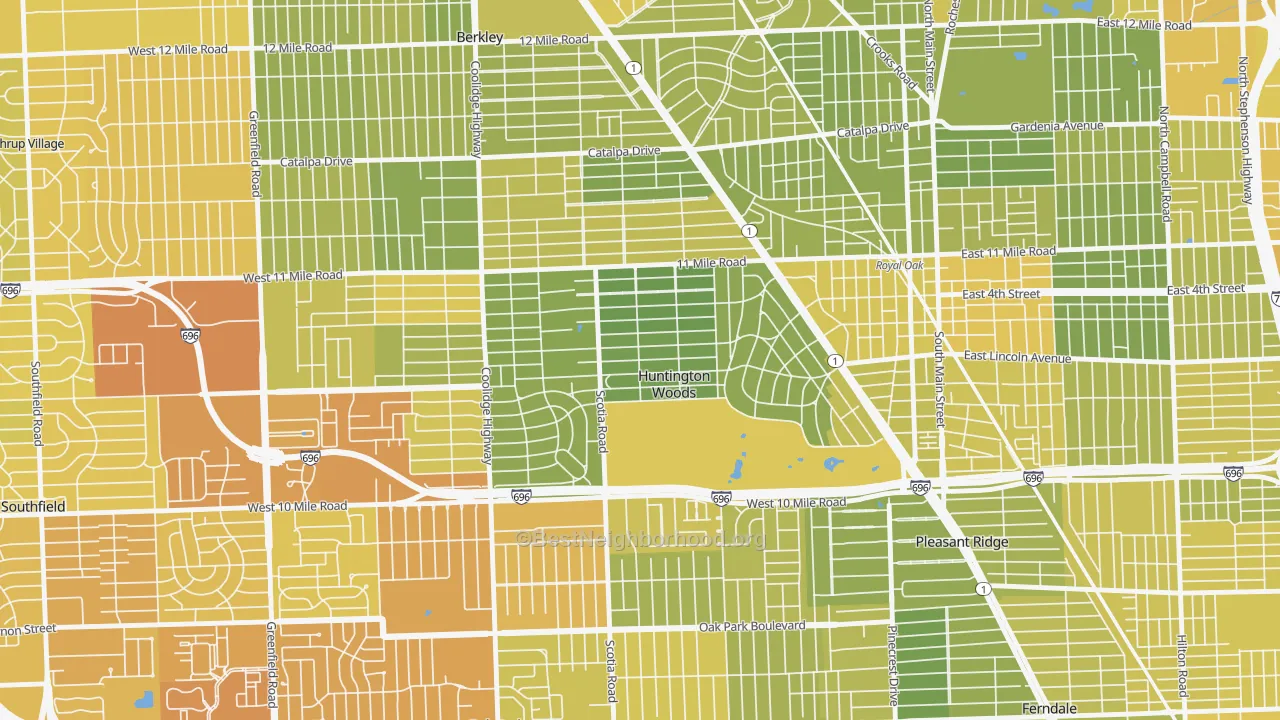 Map of the best neighborhoods in the 48070 area, with better matches in green and worse matches in red