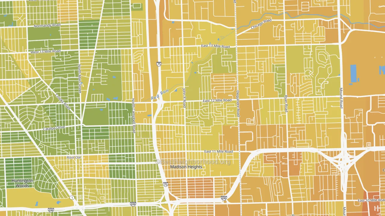 Map of the best neighborhoods in the 48071 area, with better matches in green and worse matches in red