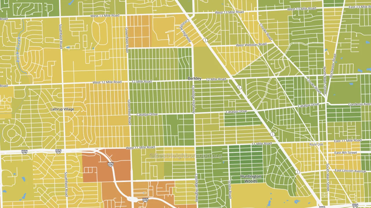 Map of the best neighborhoods in the 48072 area, with better matches in green and worse matches in red