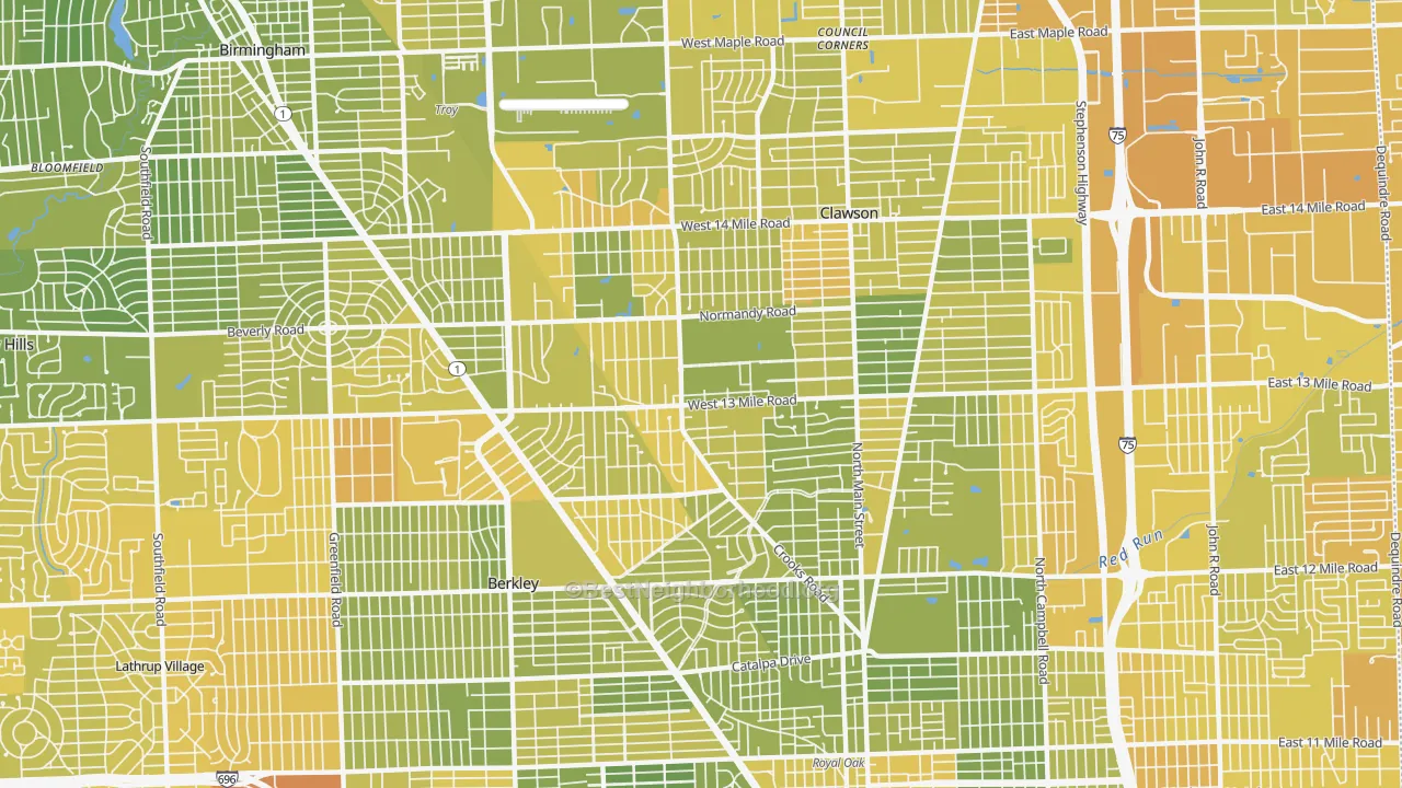 Map of the best neighborhoods in the 48073 area, with better matches in green and worse matches in red