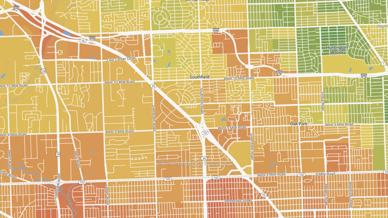 Map of the best neighborhoods in the 48075 area, with better matches in green and worse matches in red