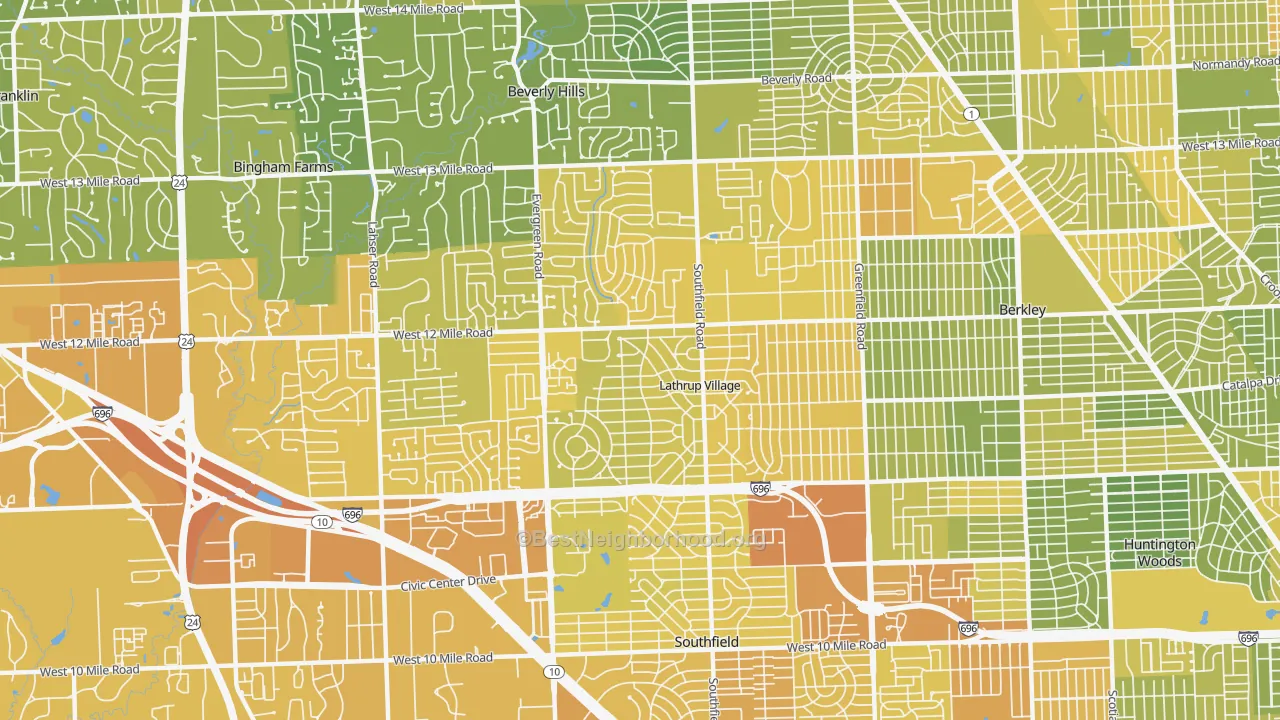 Map of the best neighborhoods in the 48076 area, with better matches in green and worse matches in red