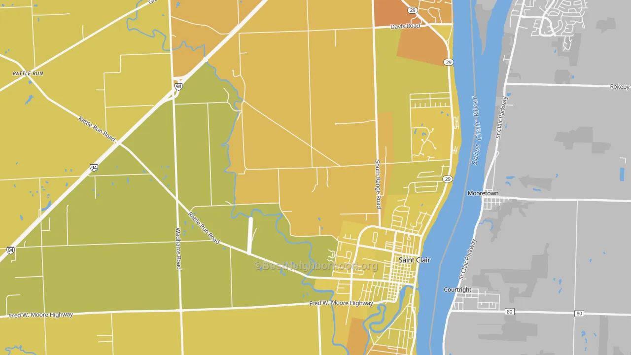 Map of the best neighborhoods in the 48079 area, with better matches in green and worse matches in red
