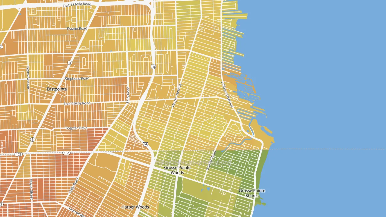 Map of the best neighborhoods in the 48080 area, with better matches in green and worse matches in red