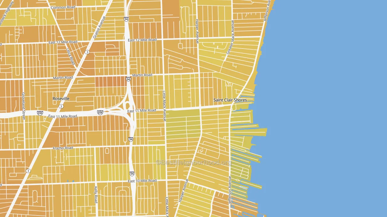 Map of the best neighborhoods in the 48081 area, with better matches in green and worse matches in red