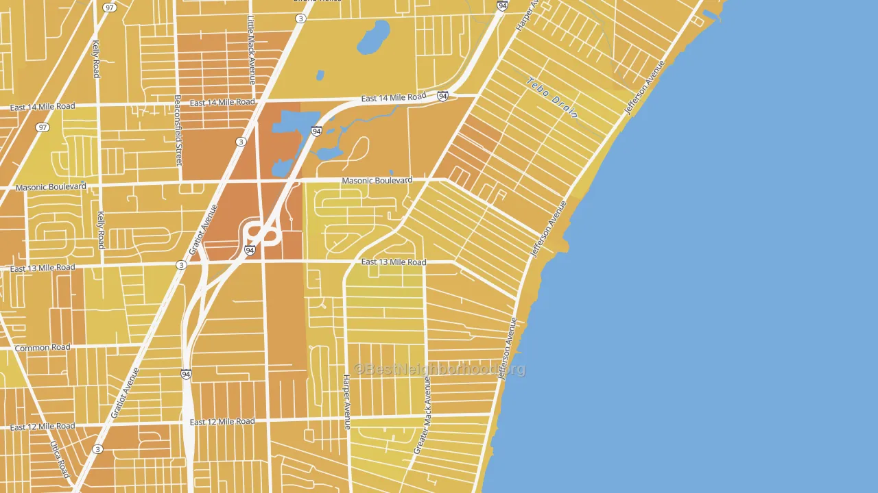 Map of the best neighborhoods in the 48082 area, with better matches in green and worse matches in red