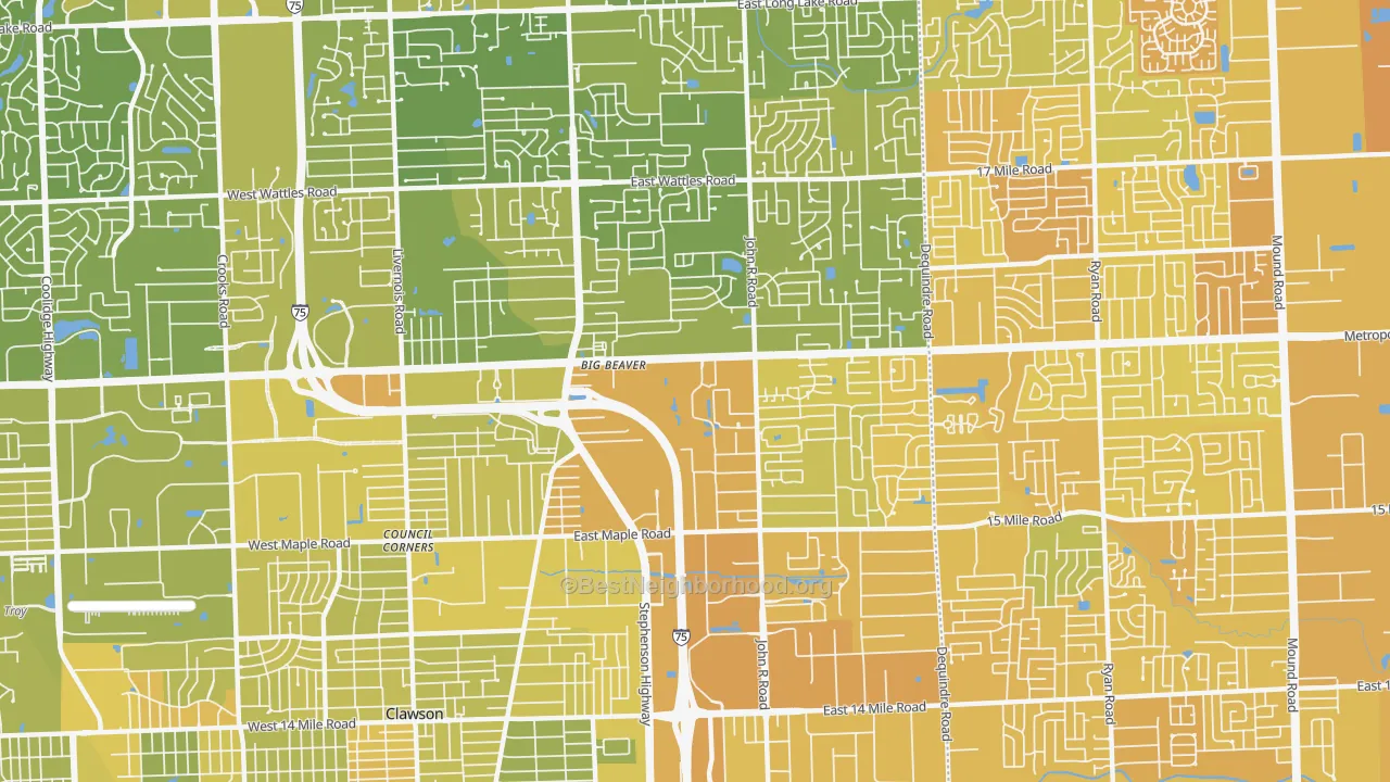 Map of the best neighborhoods in the 48083 area, with better matches in green and worse matches in red