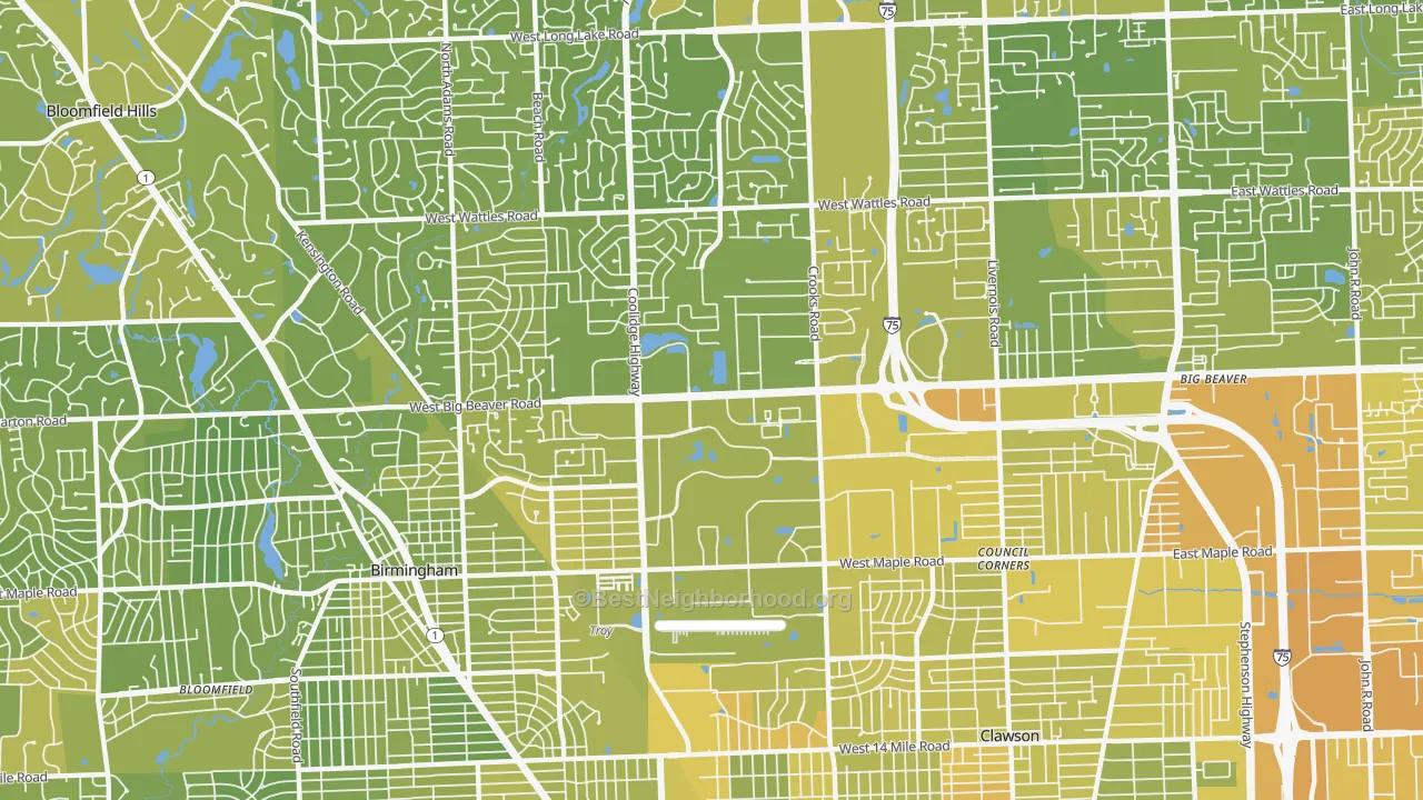 Map of the best neighborhoods in the 48084 area, with better matches in green and worse matches in red