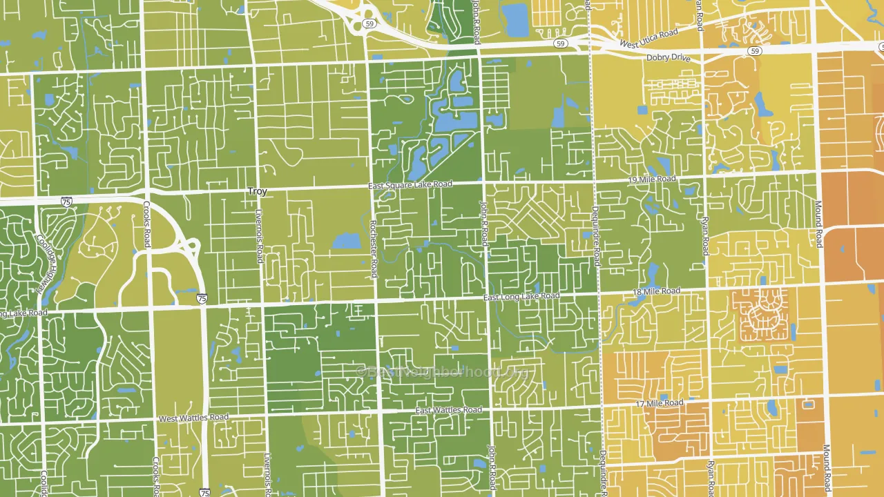 Map of the best neighborhoods in the 48085 area, with better matches in green and worse matches in red
