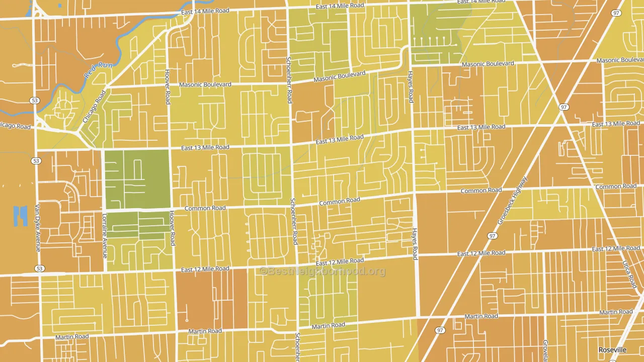 Map of the best neighborhoods in the 48088 area, with better matches in green and worse matches in red