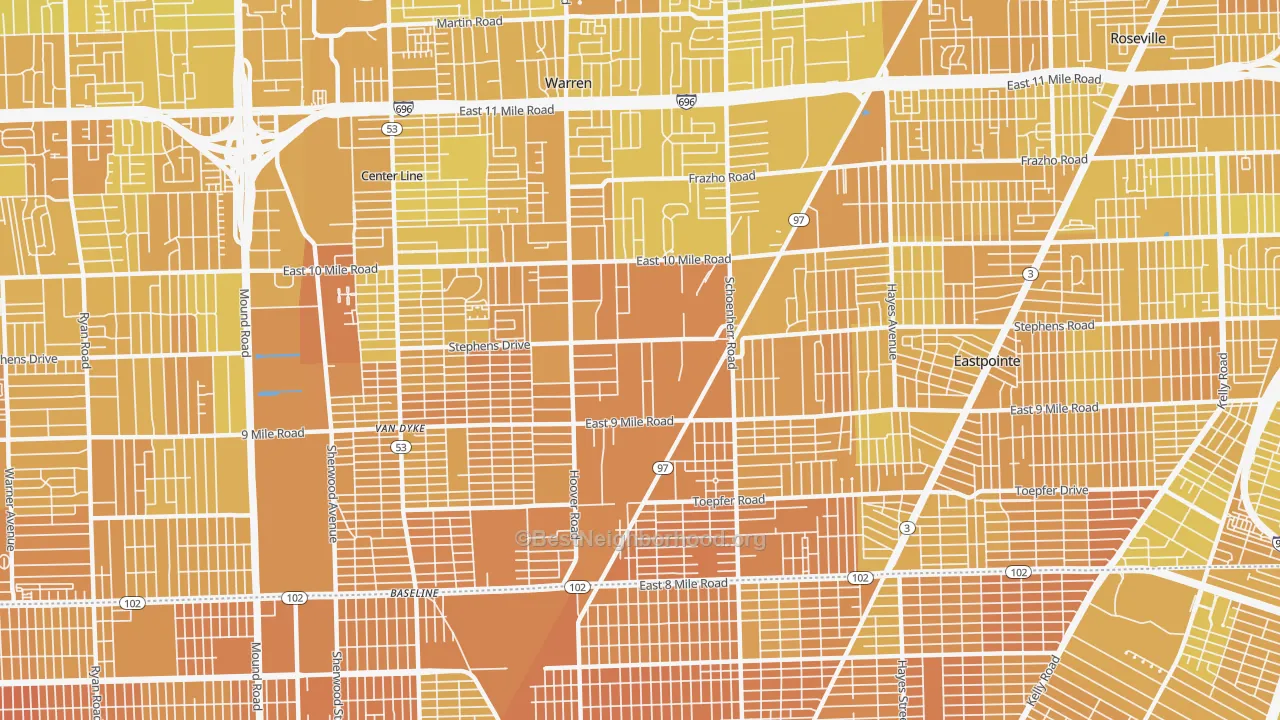 Map of the best neighborhoods in the 48089 area, with better matches in green and worse matches in red