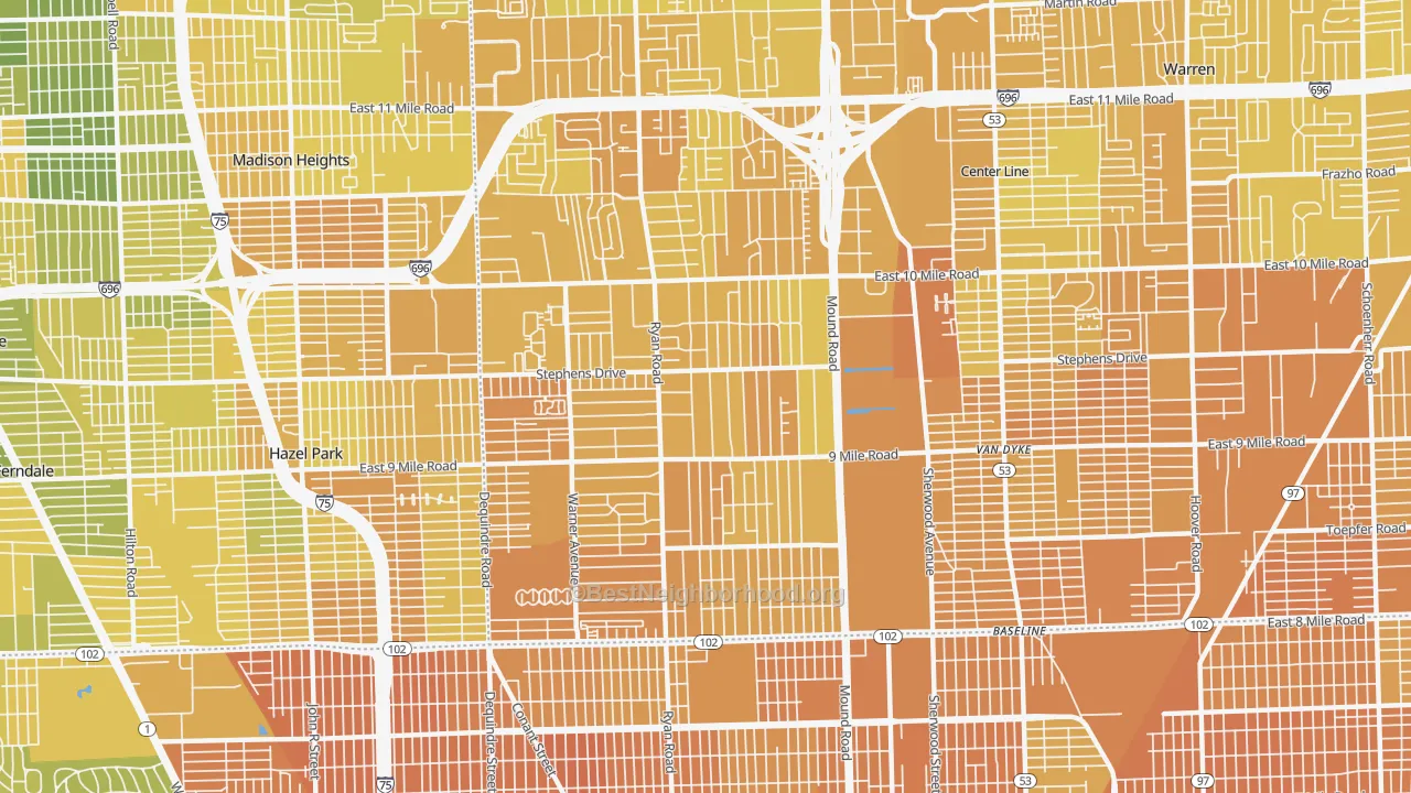 Map of the best neighborhoods in the 48091 area, with better matches in green and worse matches in red
