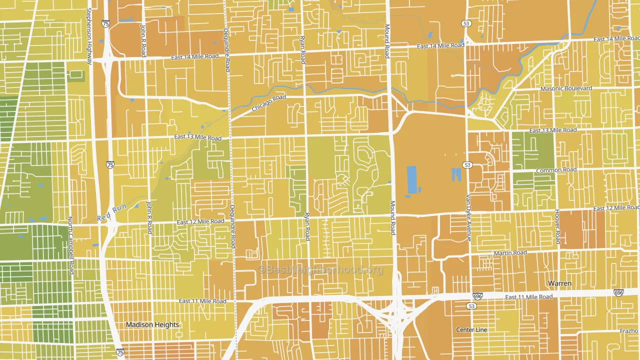 Map of the best neighborhoods in the 48092 area, with better matches in green and worse matches in red
