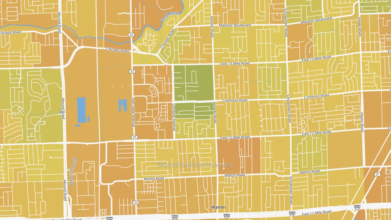 Map of the best neighborhoods in the 48093 area, with better matches in green and worse matches in red