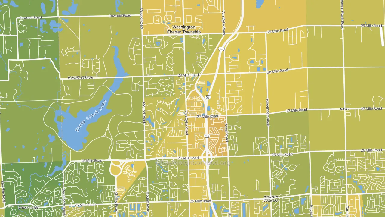 Map of the best neighborhoods in the 48094 area, with better matches in green and worse matches in red