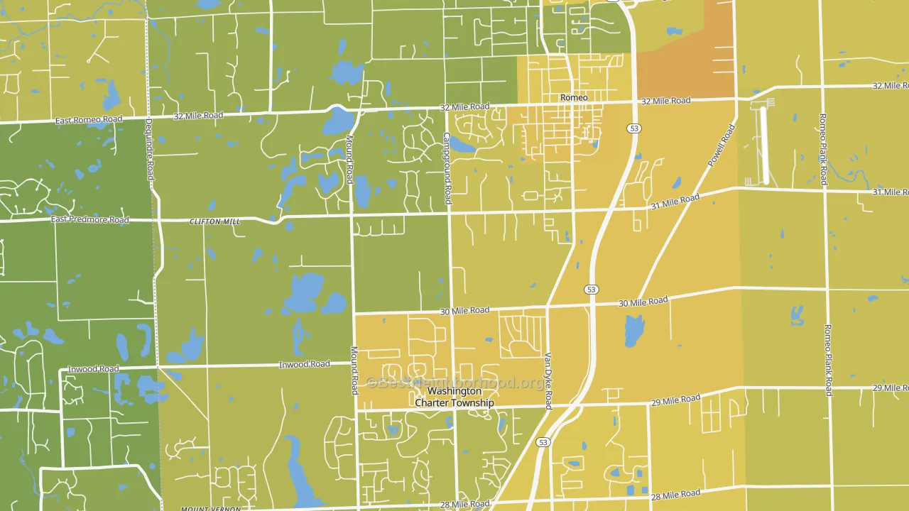 Map of the best neighborhoods in the 48095 area, with better matches in green and worse matches in red