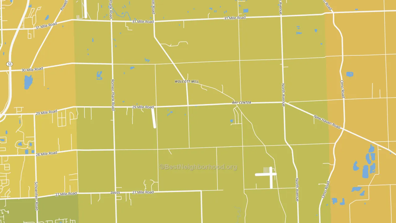 Map of the best neighborhoods in the 48096 area, with better matches in green and worse matches in red
