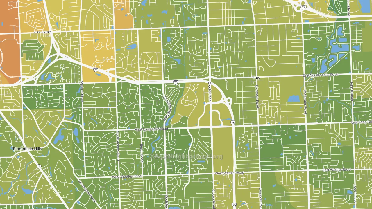 Map of the best neighborhoods in the 48098 area, with better matches in green and worse matches in red