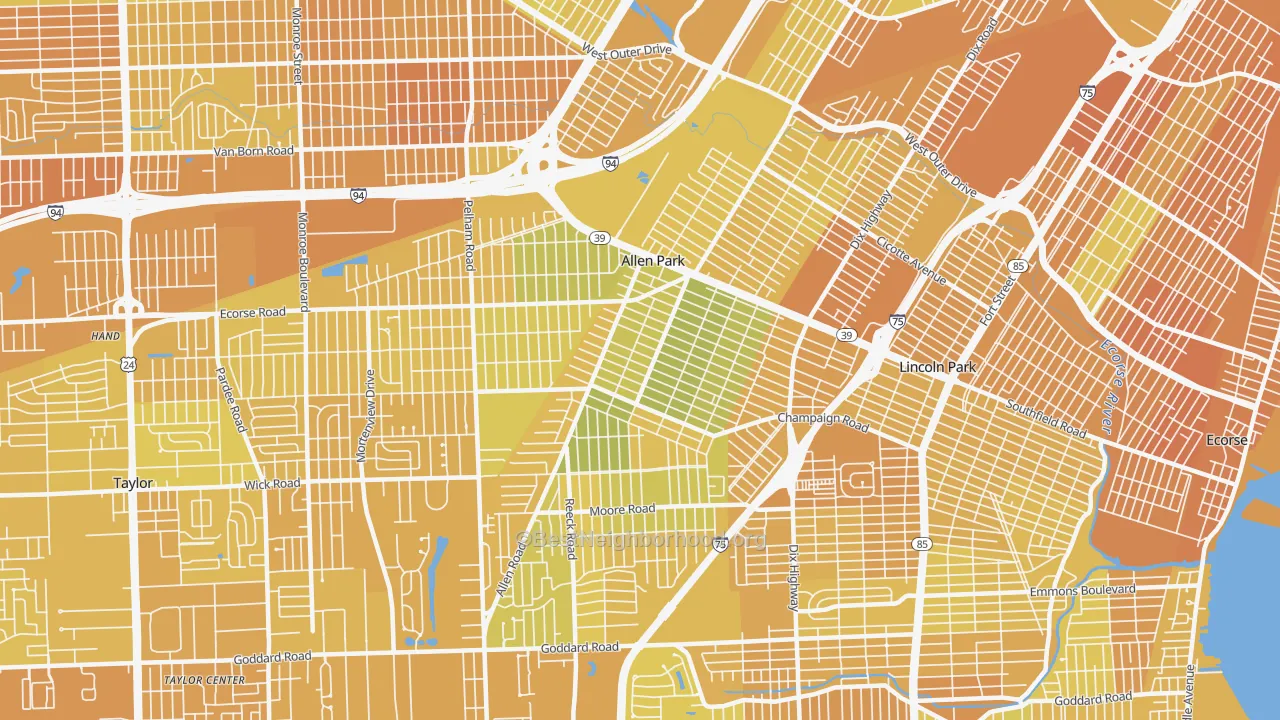 Map of the best neighborhoods in the 48101 area, with better matches in green and worse matches in red
