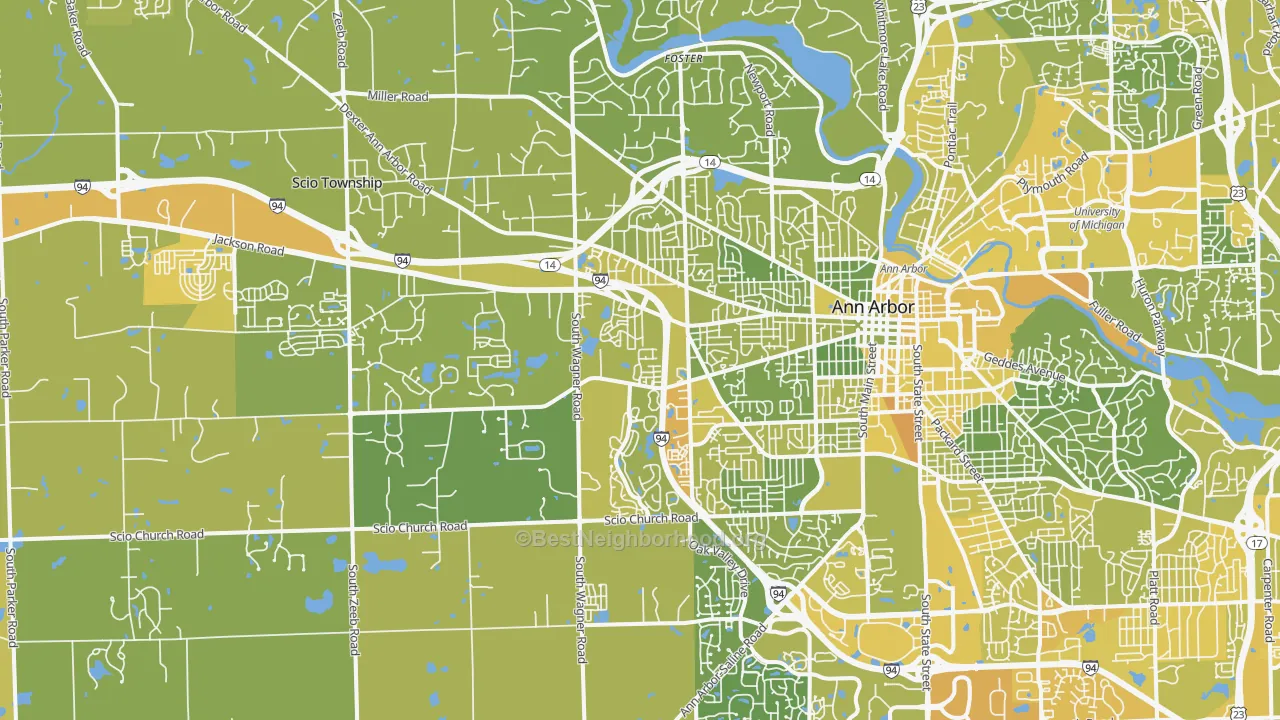 Map of the best neighborhoods in the 48103 area, with better matches in green and worse matches in red