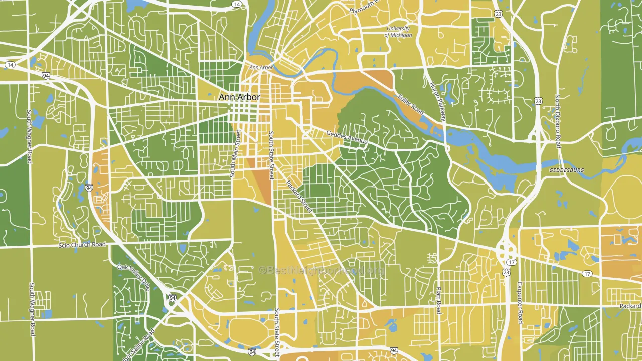 Map of the best neighborhoods in the 48104 area, with better matches in green and worse matches in red