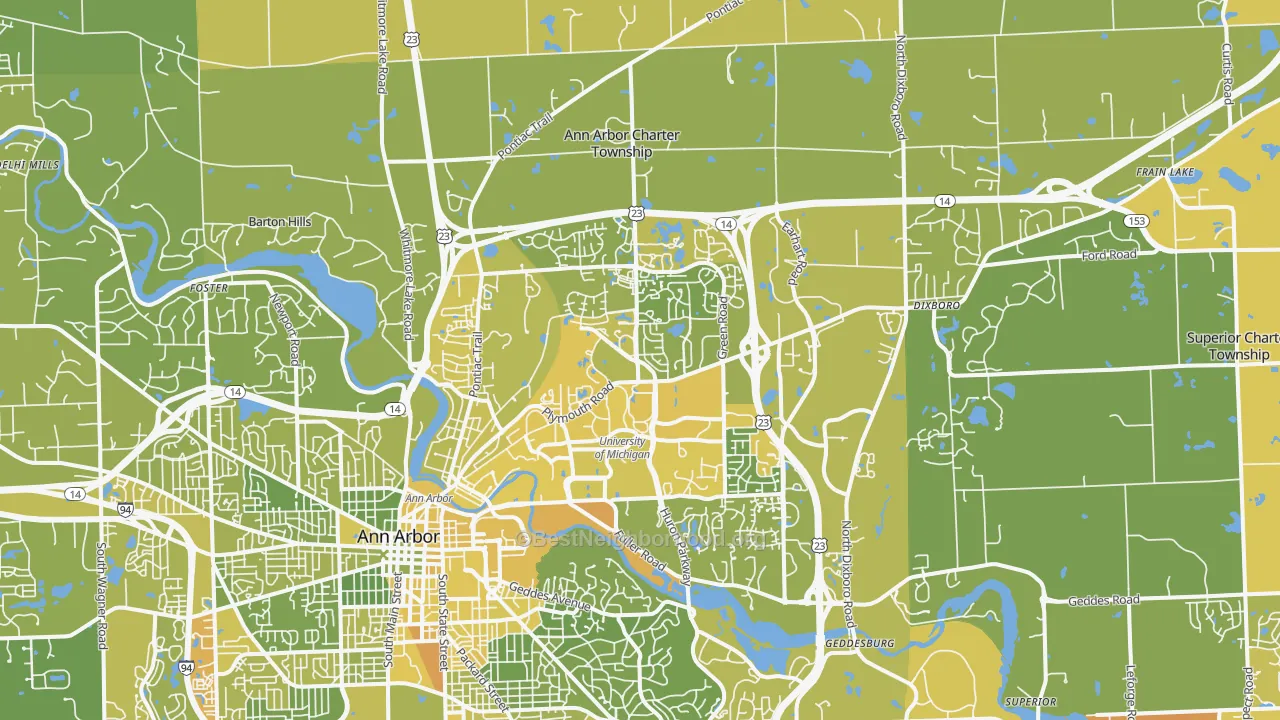 Map of the best neighborhoods in the 48105 area, with better matches in green and worse matches in red