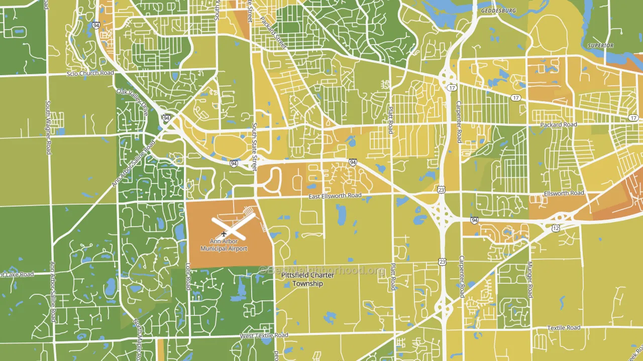 Map of the best neighborhoods in the 48108 area, with better matches in green and worse matches in red