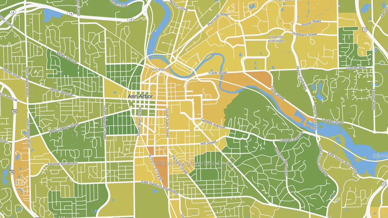 Map of the best neighborhoods in the 48109 area, with better matches in green and worse matches in red
