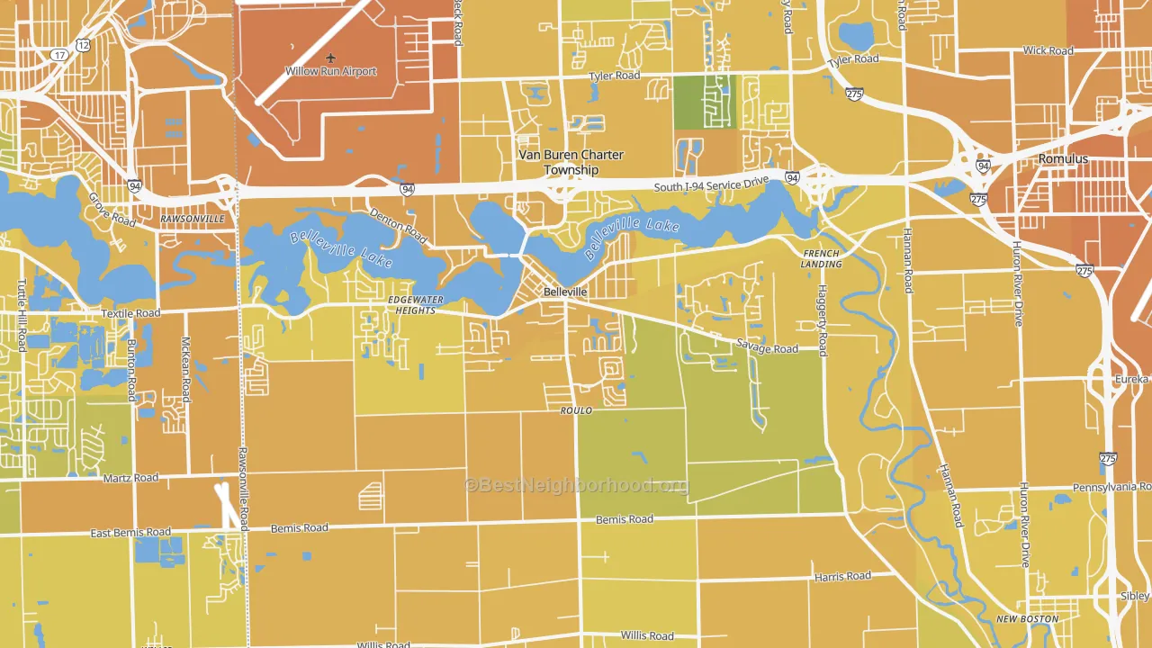 Map of the best neighborhoods in the 48111 area, with better matches in green and worse matches in red