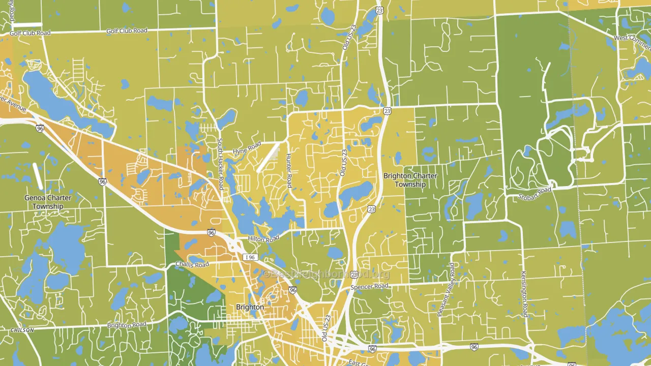 Map of the best neighborhoods in the 48114 area, with better matches in green and worse matches in red