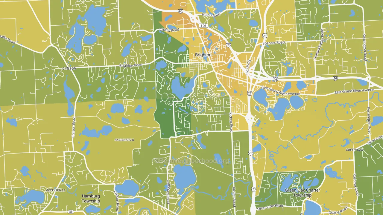 Map of the best neighborhoods in the 48116 area, with better matches in green and worse matches in red
