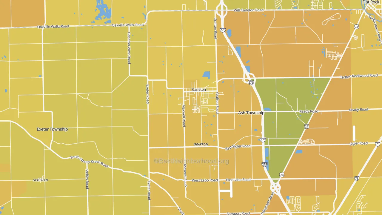 Map of the best neighborhoods in the 48117 area, with better matches in green and worse matches in red