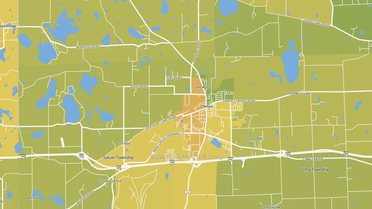 Map of the best neighborhoods in the 48118 area, with better matches in green and worse matches in red