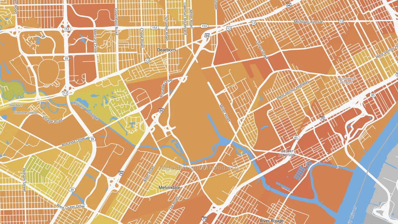 Map of the best neighborhoods in the 48120 area, with better matches in green and worse matches in red