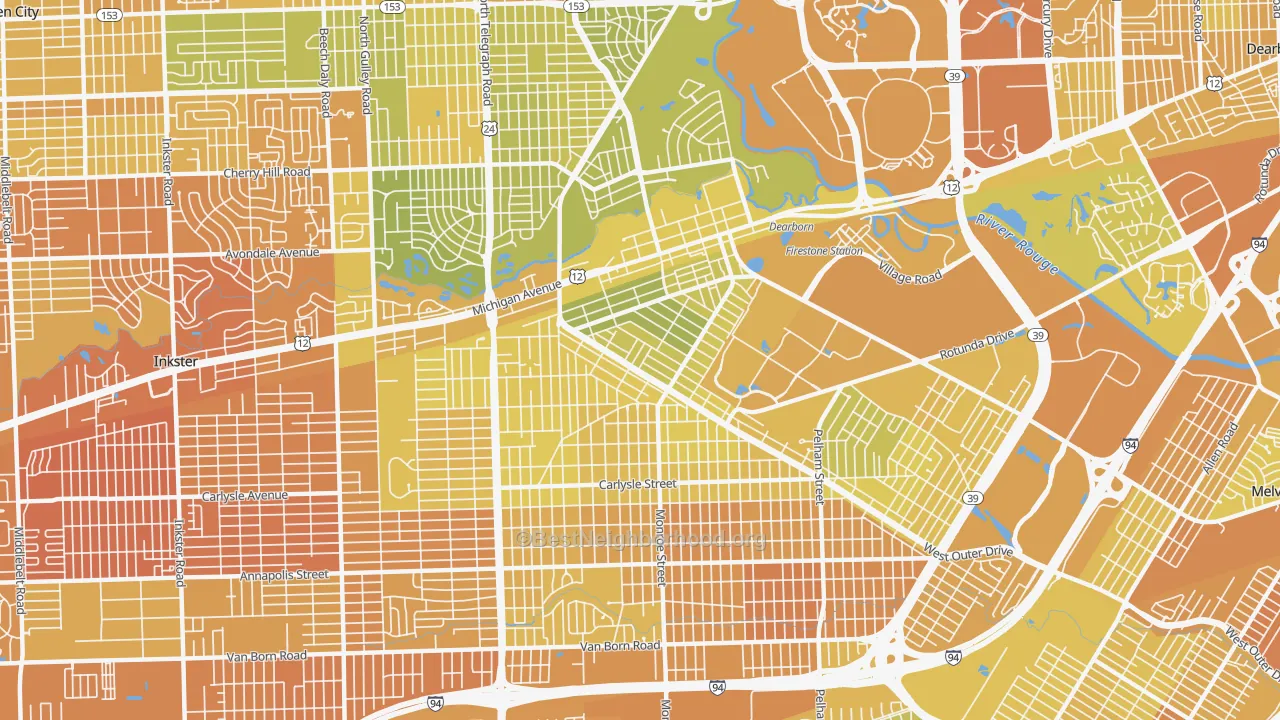 Map of the best neighborhoods in the 48124 area, with better matches in green and worse matches in red
