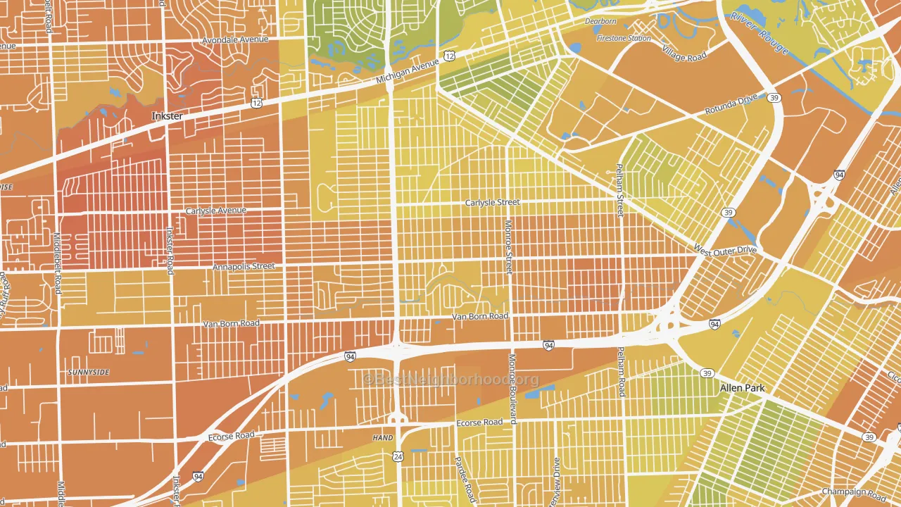 Map of the best neighborhoods in the 48125 area, with better matches in green and worse matches in red