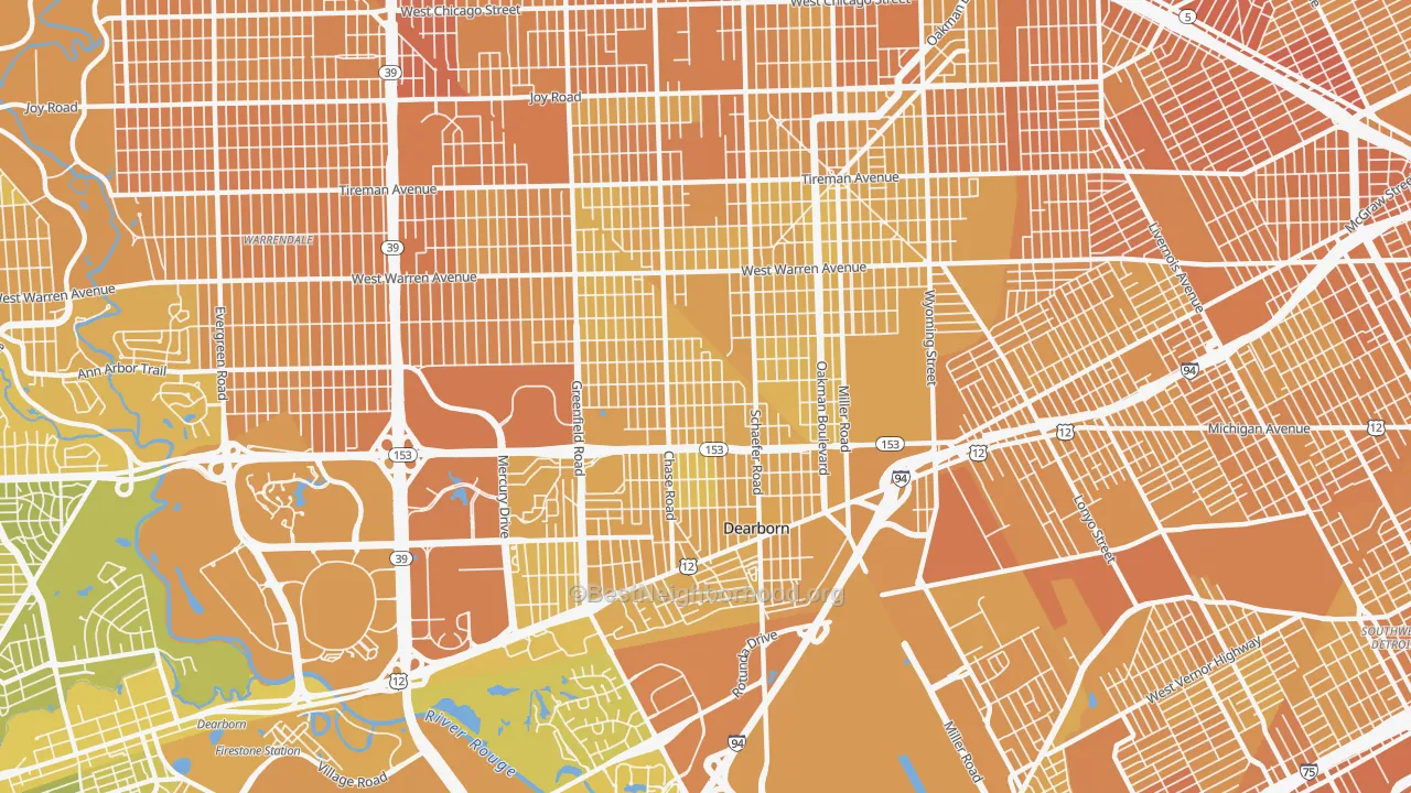 Map of the best neighborhoods in the 48126 area, with better matches in green and worse matches in red