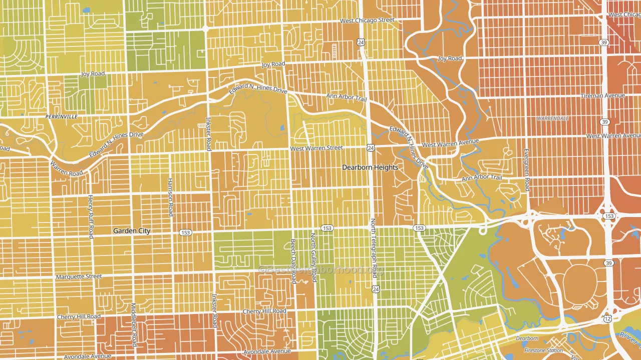 Map of the best neighborhoods in the 48127 area, with better matches in green and worse matches in red