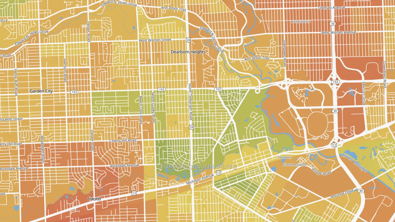 Map of the best neighborhoods in the 48128 area, with better matches in green and worse matches in red