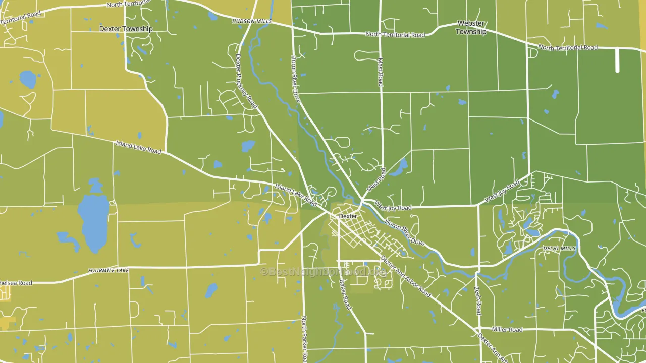 Map of the best neighborhoods in the 48130 area, with better matches in green and worse matches in red