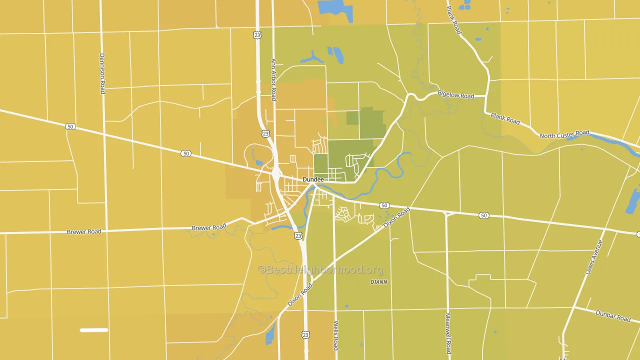 Map of the best neighborhoods in the 48131 area, with better matches in green and worse matches in red