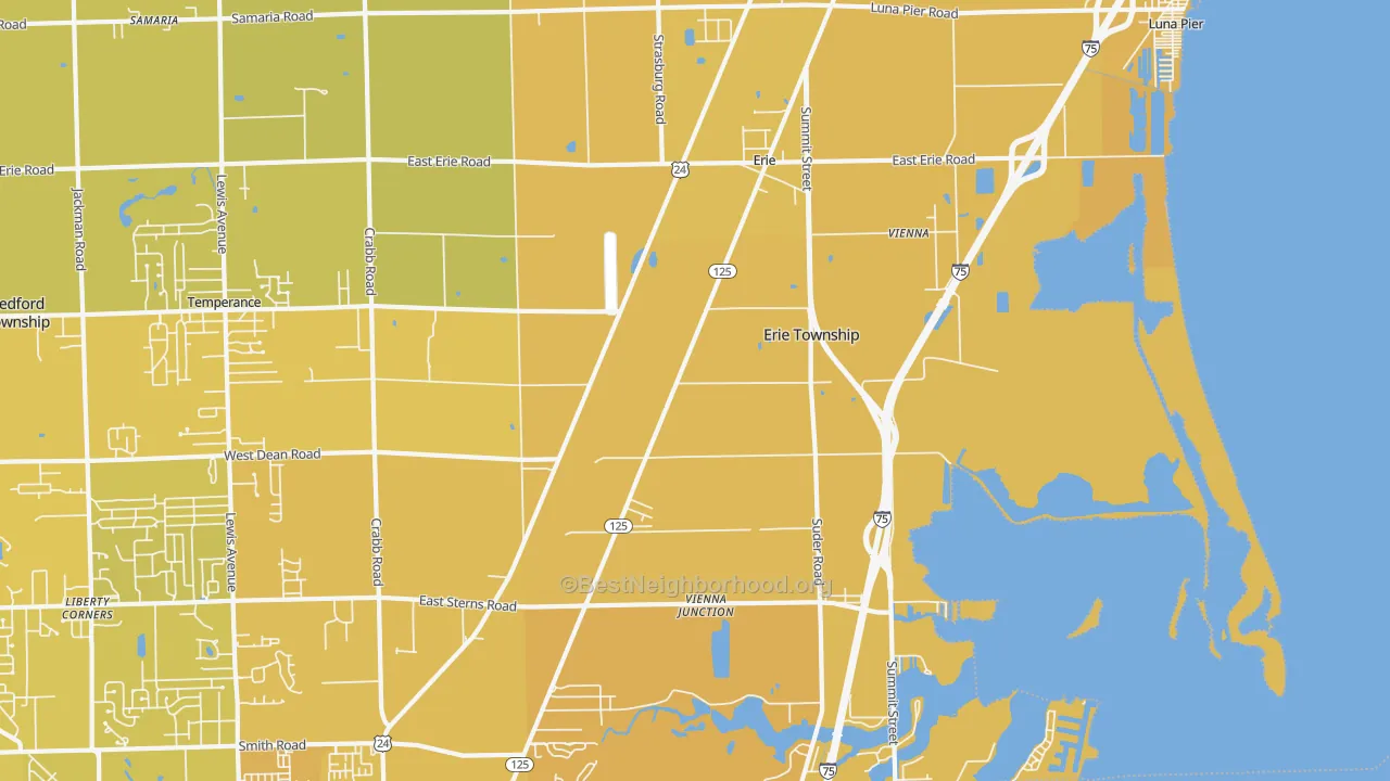 Map of the best neighborhoods in the 48133 area, with better matches in green and worse matches in red