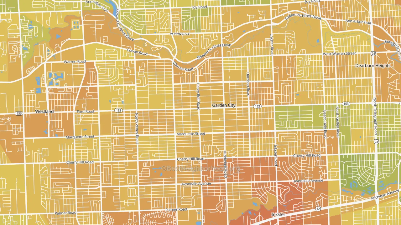 Map of the best neighborhoods in the 48135 area, with better matches in green and worse matches in red