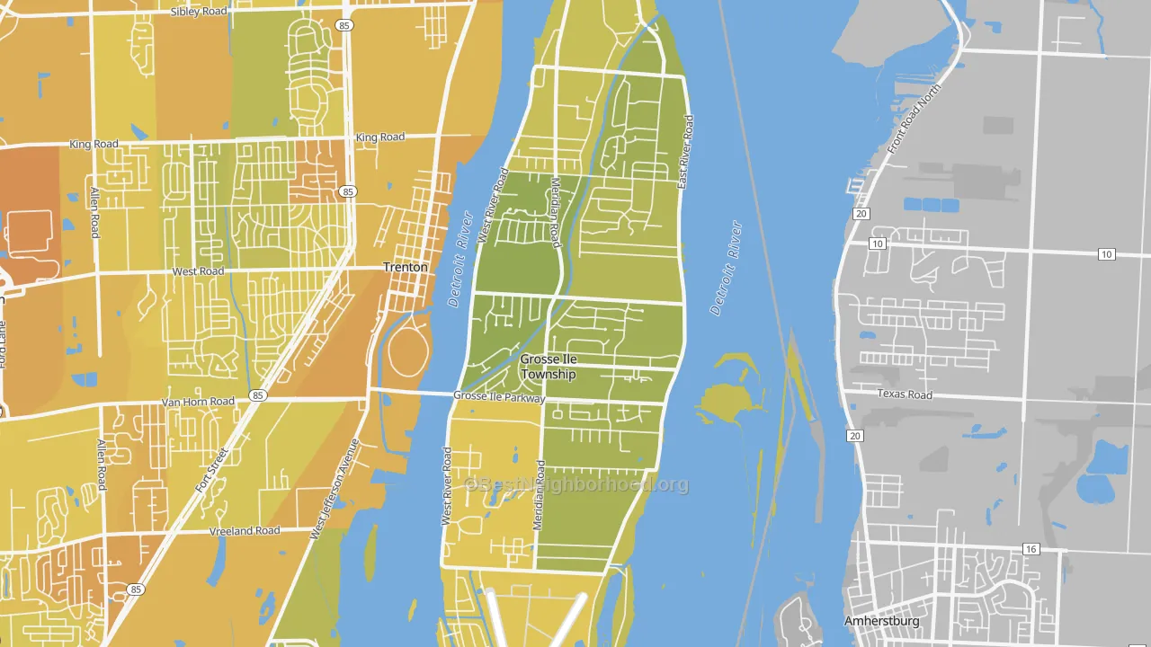 Map of the best neighborhoods in the 48138 area, with better matches in green and worse matches in red
