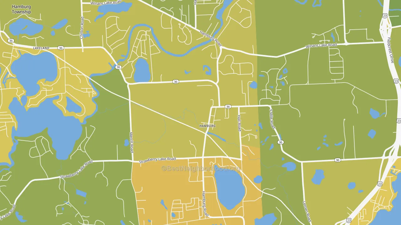 Map of the best neighborhoods in the 48139 area, with better matches in green and worse matches in red