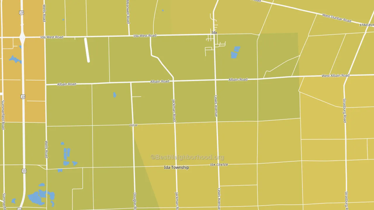 Map of the best neighborhoods in the 48140 area, with better matches in green and worse matches in red