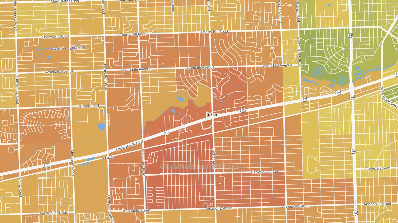Map of the best neighborhoods in the 48141 area, with better matches in green and worse matches in red