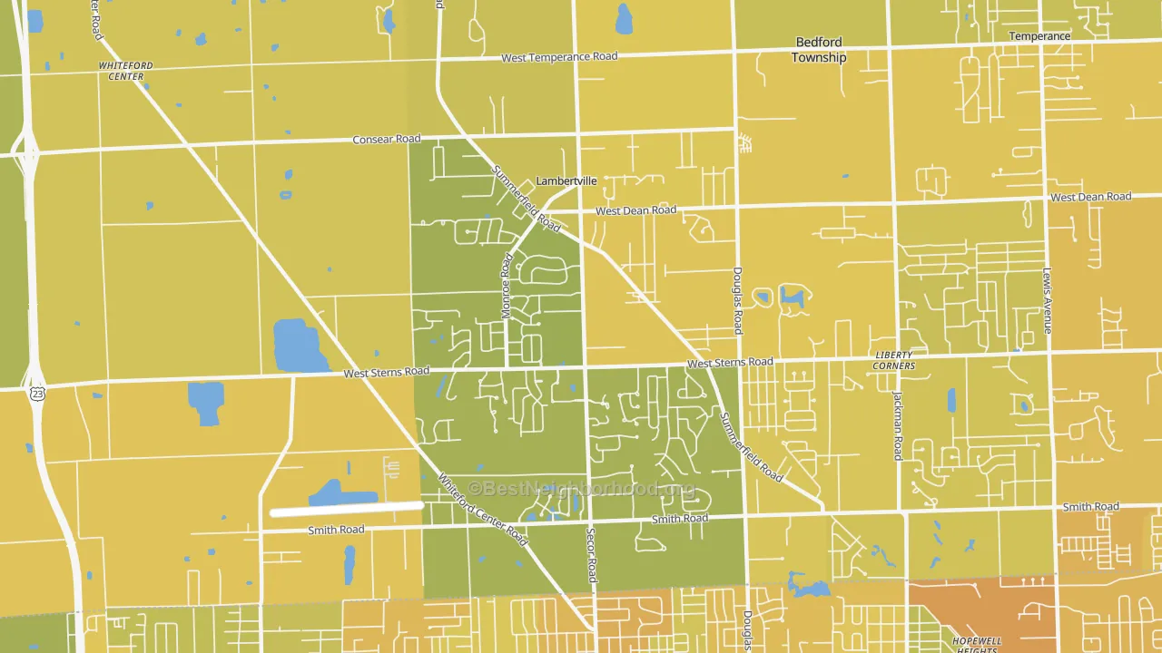 Map of the best neighborhoods in the 48144 area, with better matches in green and worse matches in red