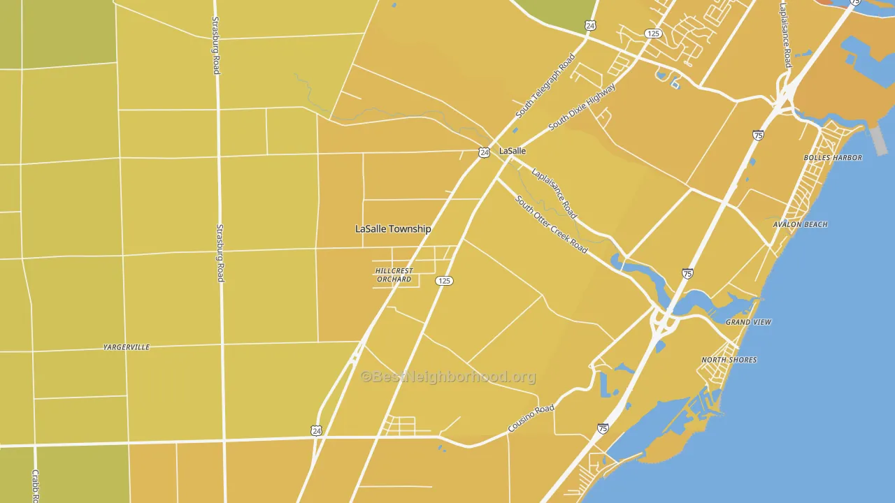 Map of the best neighborhoods in the 48145 area, with better matches in green and worse matches in red