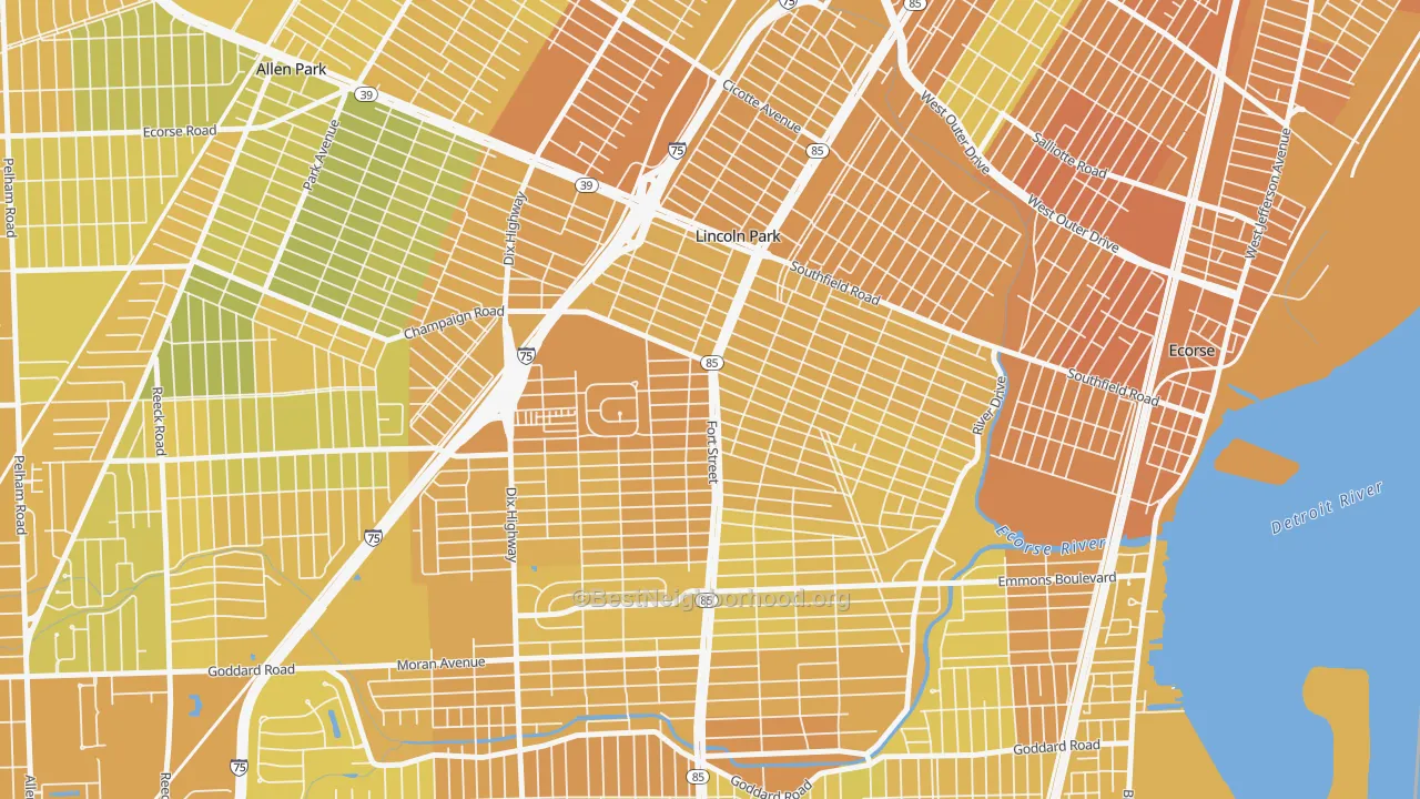 Map of the best neighborhoods in the 48146 area, with better matches in green and worse matches in red